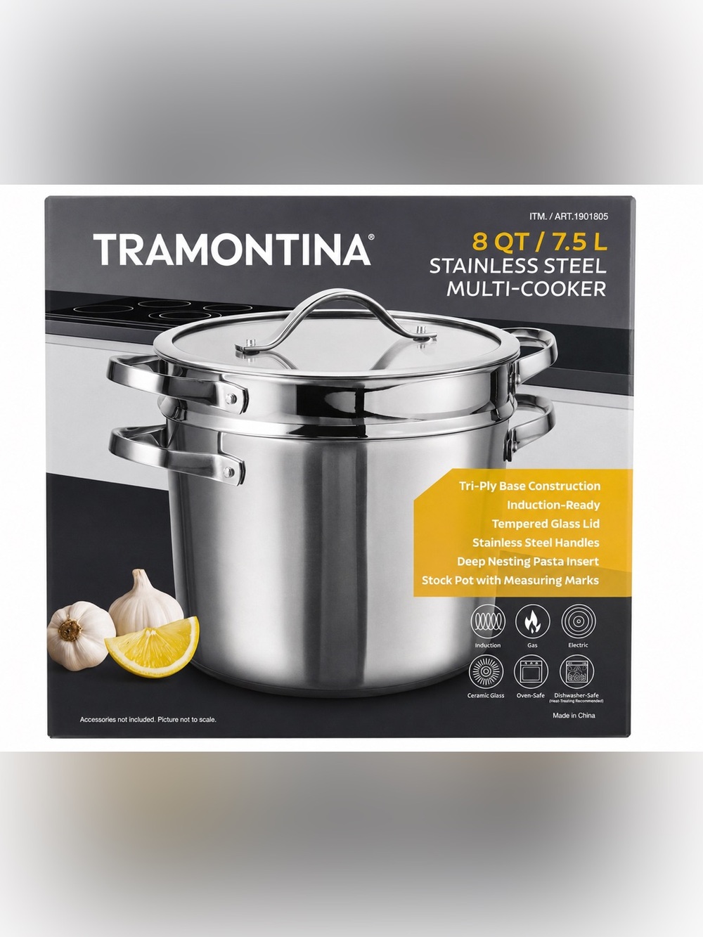 Tramontina 8 Qt Stainless Steel Multi-Cooker Pasta Insert + Glass Lid